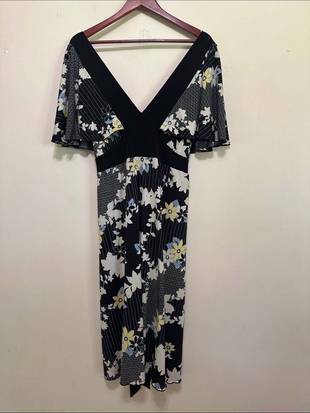 torrid Black Floral Midi Dress with White and Pale Yellow Accents